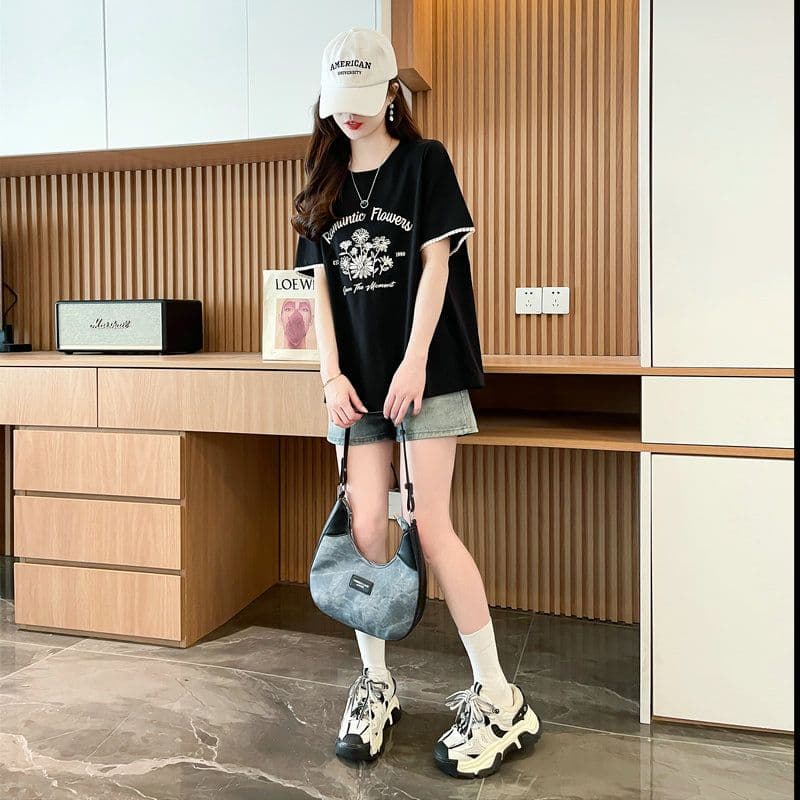실사 2026 여름 순면 프린트 페이크 레이어드 반팔 티셔츠 여성 상세 이미지 21