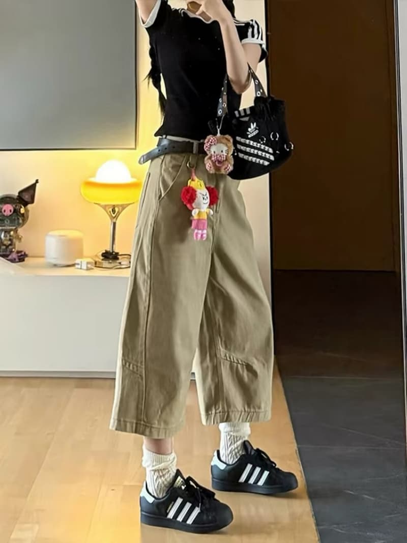 카키 색 넓은 다리 데님 7부 바지 여성 여름 새로운 배 종류 몸 루즈핏 슬림해 보이는 다용도 스트레이트 중 바지 상세 이미지 3