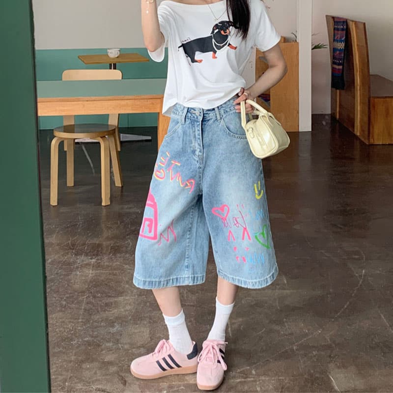 도파민 여름 착용 가져 가라. 낙서 데님 7부 바지 여성 넓은 다리 바지 루즈핏 스트레이트 거리 캐주얼 짧은 바지 이미지 5