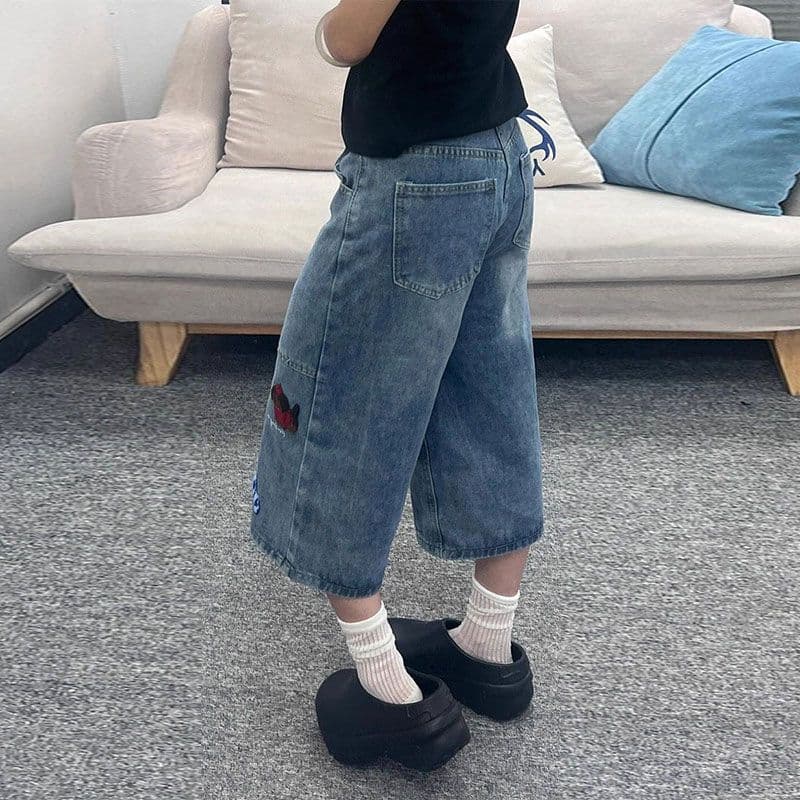 아메리칸 강아지 자수 만화 넓은 다리 청바지 여성 여름 새로운 지방 mm 루즈핏 7부 바지 캐주얼 스트레이트 팬츠 이미지 4