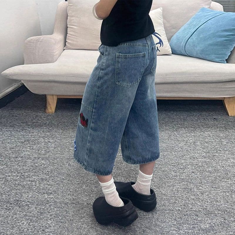 아메리칸 강아지 자수 만화 넓은 다리 청바지 여성 여름 새로운 지방 mm 루즈핏 7부 바지 캐주얼 스트레이트 팬츠 이미지 3