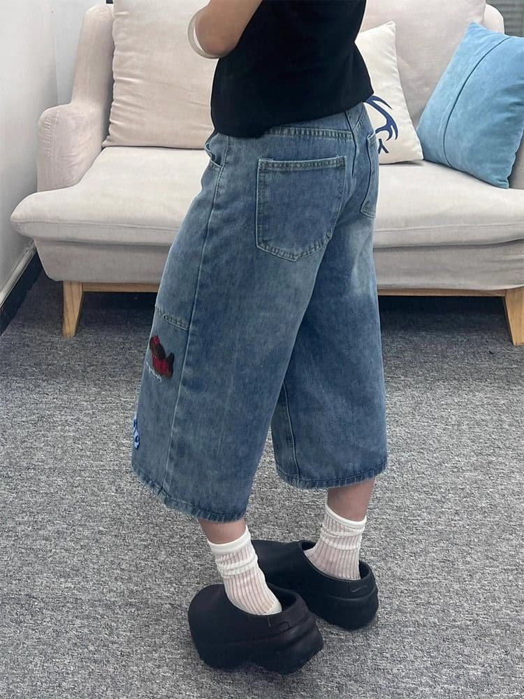 아메리칸 강아지 자수 만화 넓은 다리 청바지 여성 여름 새로운 지방 mm 루즈핏 7부 바지 캐주얼 스트레이트 팬츠 상세 이미지 3