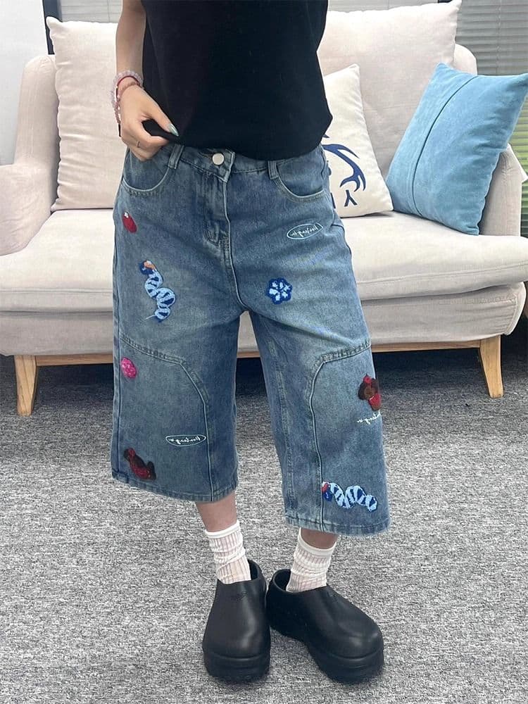 아메리칸 강아지 자수 만화 넓은 다리 청바지 여성 여름 새로운 지방 mm 루즈핏 7부 바지 캐주얼 스트레이트 팬츠 상세 이미지 5