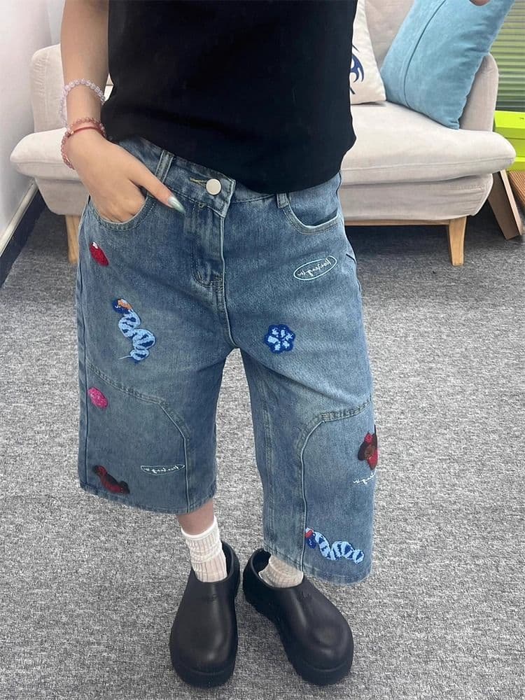 아메리칸 강아지 자수 만화 넓은 다리 청바지 여성 여름 새로운 지방 mm 루즈핏 7부 바지 캐주얼 스트레이트 팬츠 상세 이미지 7