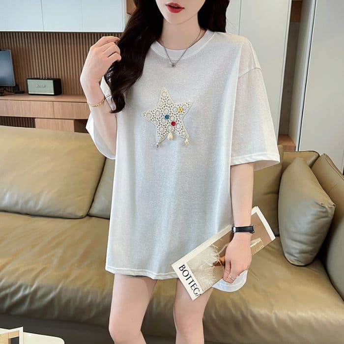 실사 2026 여름 새로운 눈꽃 면 루즈핏 패션 캐주얼 ins 반팔 티셔츠 여성
