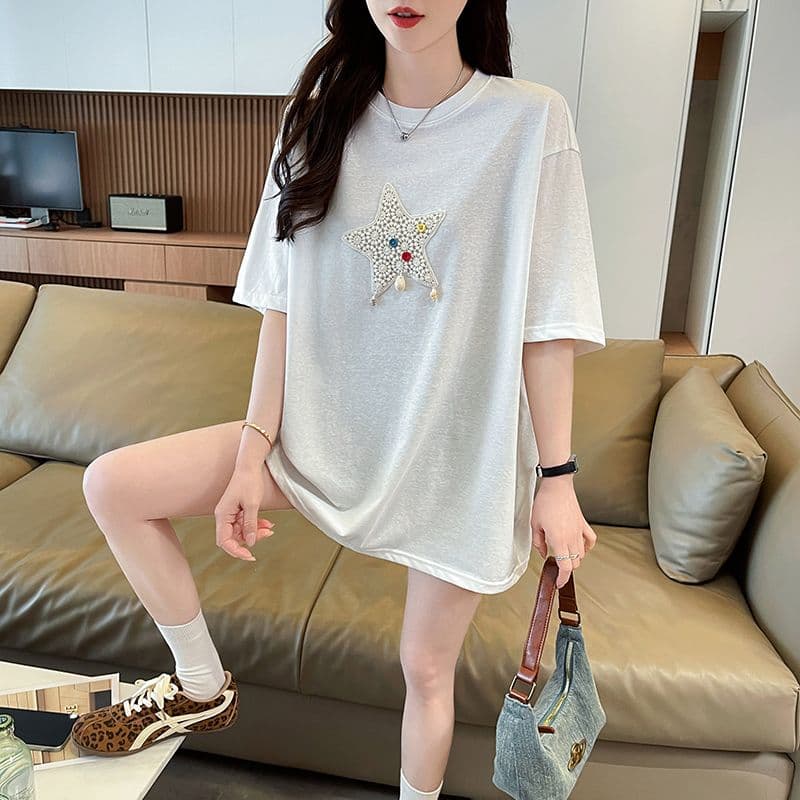 실사 2026 여름 새로운 눈꽃 면 루즈핏 패션 캐주얼 ins 반팔 티셔츠 여성 상세 이미지 6