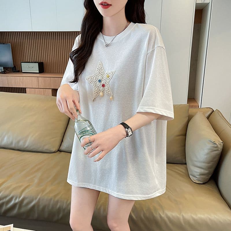 실사 2026 여름 새로운 눈꽃 면 루즈핏 패션 캐주얼 ins 반팔 티셔츠 여성 상세 이미지 7