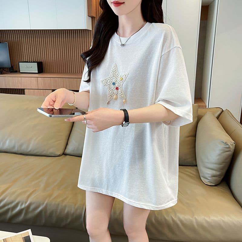 실사 2026 여름 새로운 눈꽃 면 루즈핏 패션 캐주얼 ins 반팔 티셔츠 여성 상세 이미지 9