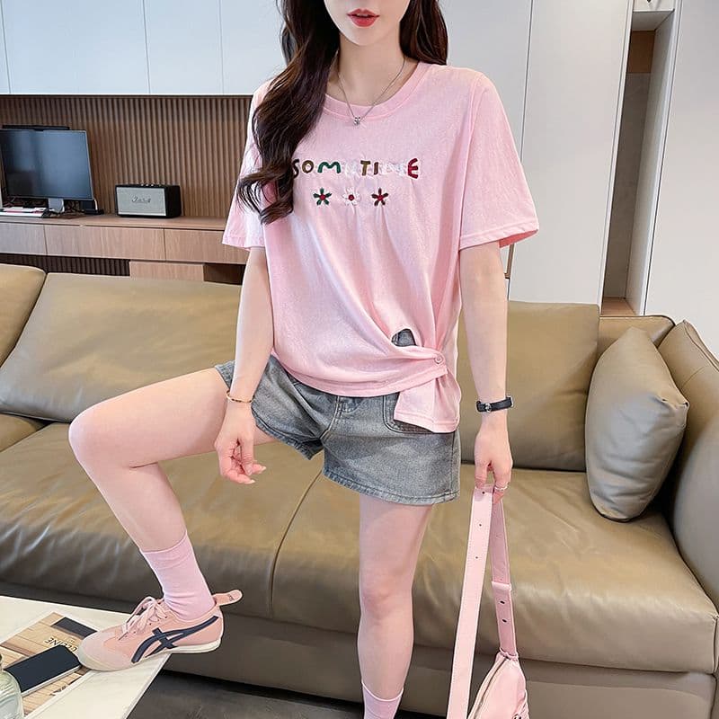 실사 2026 여름 새로운 눈꽃 면 디자인 센스 핑크색 패션 다용도 ins 반팔 티셔츠 여성 상세 이미지 11