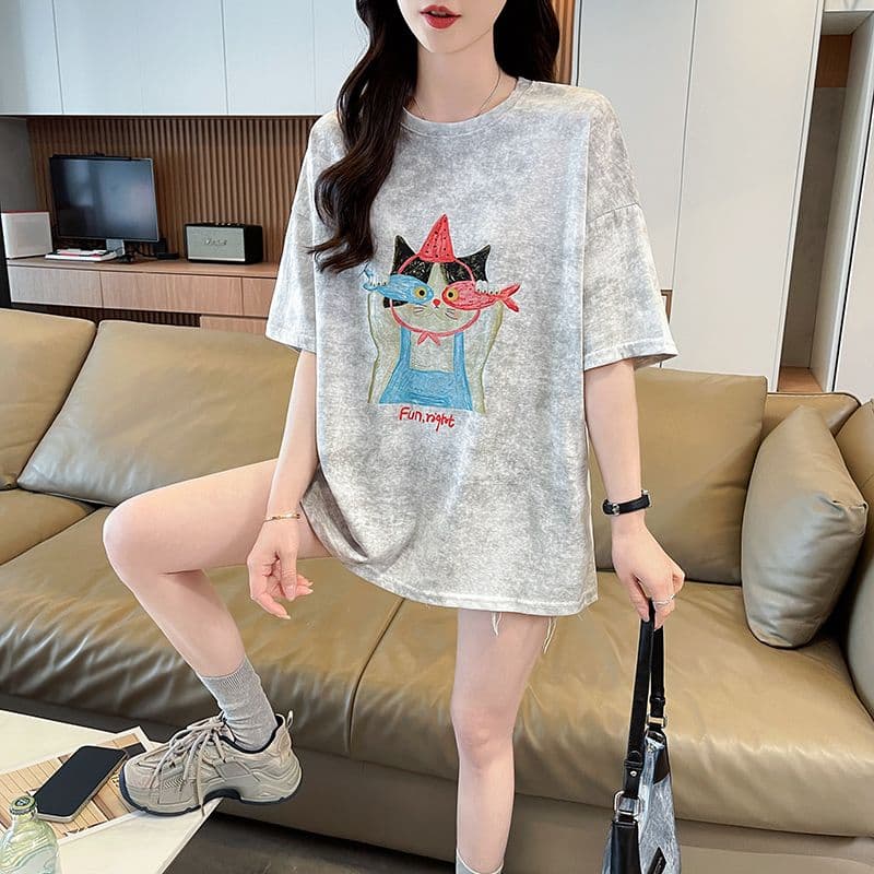 실사 2026 여름 새로운 눈꽃 면 침투 홀치기 염색 패션 루즈핏 대 에디션 ins 반팔 티셔츠 여성 상세 이미지 6