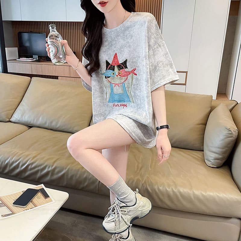실사 2026 여름 새로운 눈꽃 면 침투 홀치기 염색 패션 루즈핏 대 에디션 ins 반팔 티셔츠 여성 상세 이미지 7