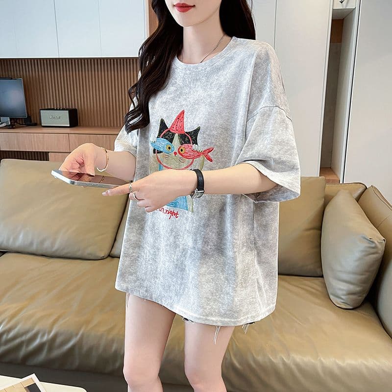 실사 2026 여름 새로운 눈꽃 면 침투 홀치기 염색 패션 루즈핏 대 에디션 ins 반팔 티셔츠 여성 상세 이미지 8