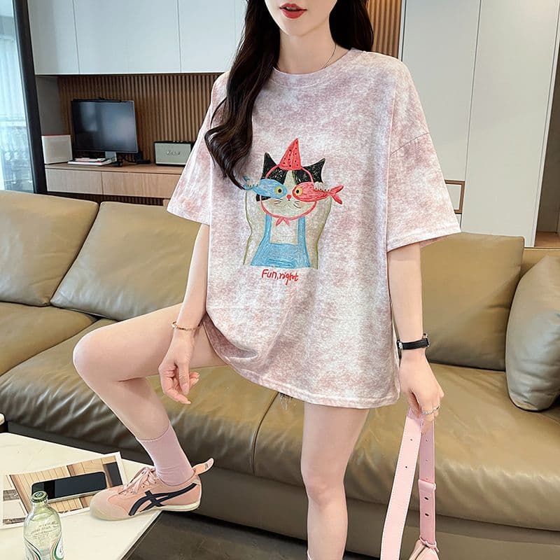 실사 2026 여름 새로운 눈꽃 면 침투 홀치기 염색 패션 루즈핏 대 에디션 ins 반팔 티셔츠 여성 상세 이미지 11