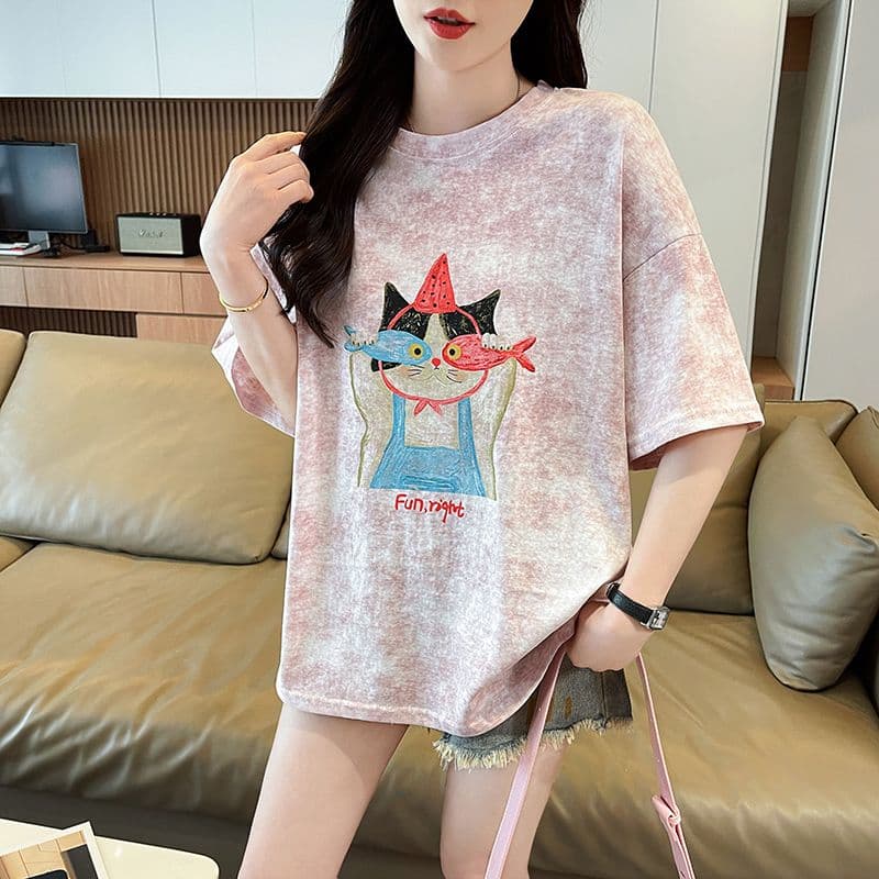 실사 2026 여름 새로운 눈꽃 면 침투 홀치기 염색 패션 루즈핏 대 에디션 ins 반팔 티셔츠 여성 상세 이미지 12