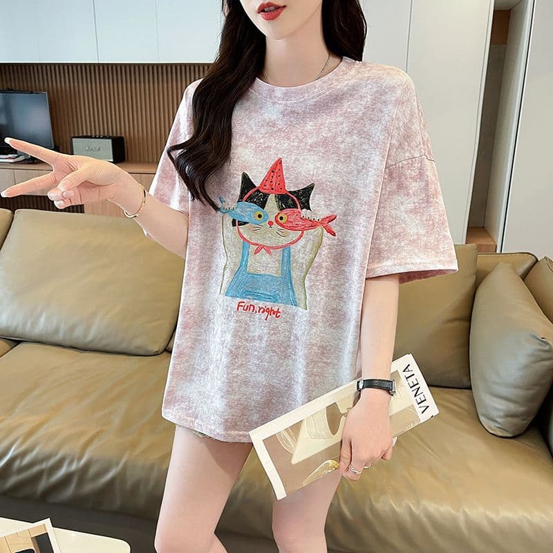 실사 2026 여름 새로운 눈꽃 면 침투 홀치기 염색 패션 루즈핏 대 에디션 ins 반팔 티셔츠 여성 상세 이미지 13