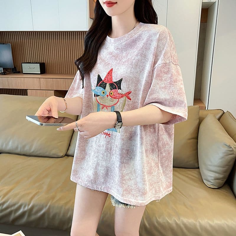 실사 2026 여름 새로운 눈꽃 면 침투 홀치기 염색 패션 루즈핏 대 에디션 ins 반팔 티셔츠 여성 상세 이미지 14
