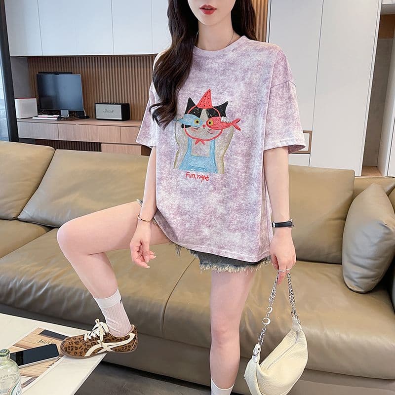 실사 2026 여름 새로운 눈꽃 면 침투 홀치기 염색 패션 루즈핏 대 에디션 ins 반팔 티셔츠 여성 상세 이미지 19