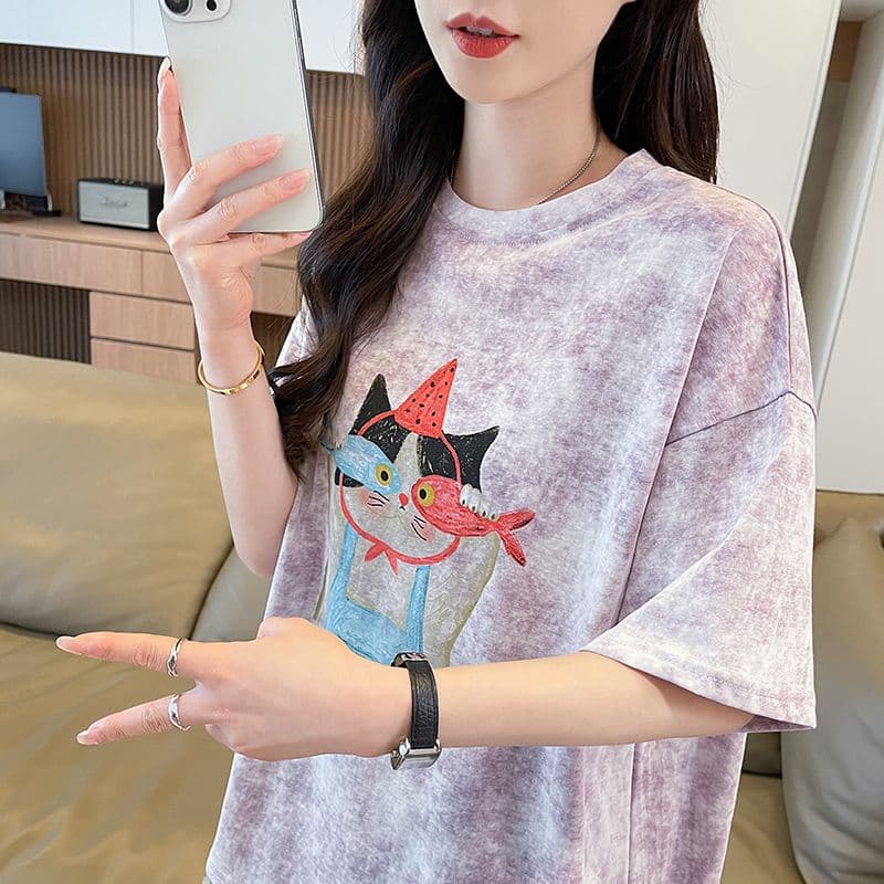 실사 2026 여름 새로운 눈꽃 면 침투 홀치기 염색 패션 루즈핏 대 에디션 ins 반팔 티셔츠 여성 상세 이미지 22