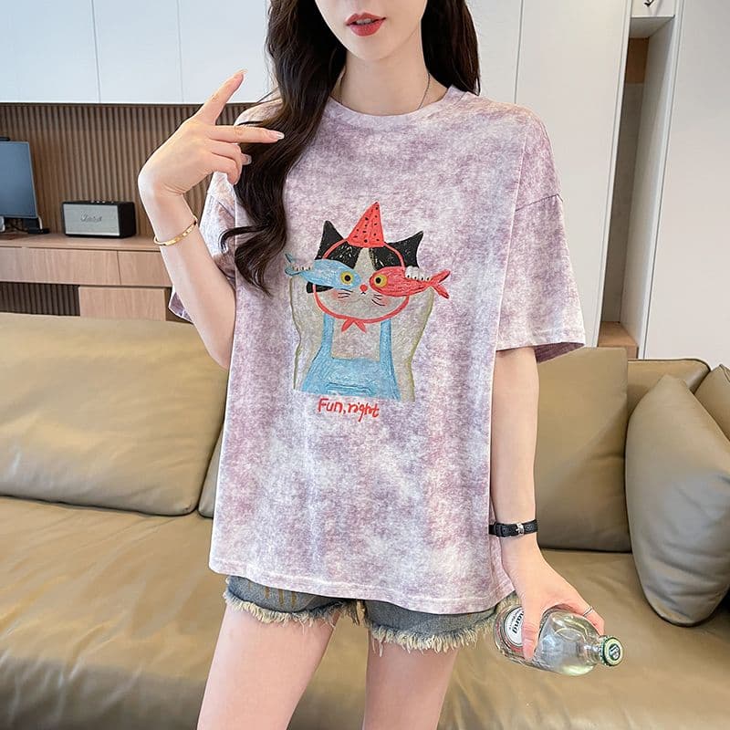 실사 2026 여름 새로운 눈꽃 면 침투 홀치기 염색 패션 루즈핏 대 에디션 ins 반팔 티셔츠 여성 상세 이미지 23