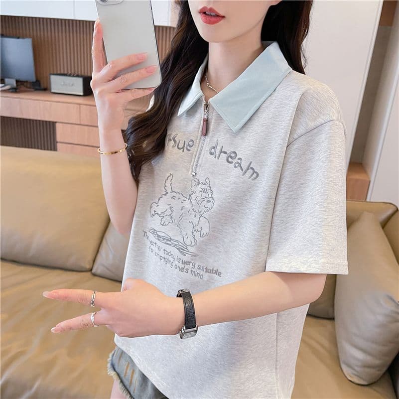 실사 2026 여름 새로운 POLO 칼라 패치워크 지퍼 자수 삽입 색상 맨위 반팔 티셔츠 여성 상세 이미지 2