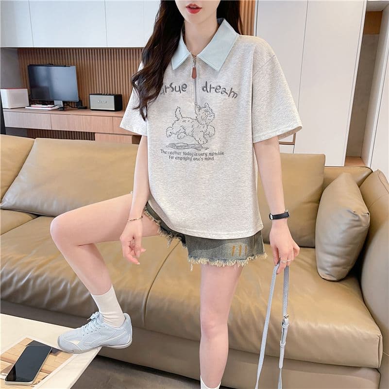 실사 2026 여름 새로운 POLO 칼라 패치워크 지퍼 자수 삽입 색상 맨위 반팔 티셔츠 여성 상세 이미지 3