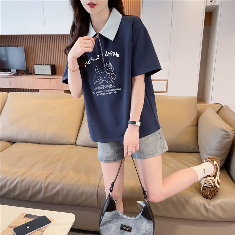 실사 2026 여름 새로운 POLO 칼라 패치워크 지퍼 자수 삽입 색상 맨위 반팔 티셔츠 여성 상세 이미지 11