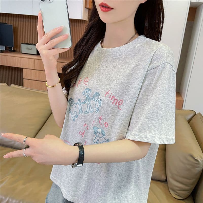실사 2026 여름 새로운 라운드 넥 프린트 싸움 자수 눈꽃 면 패션 맨위 반팔 티셔츠 여성 상세 이미지 2