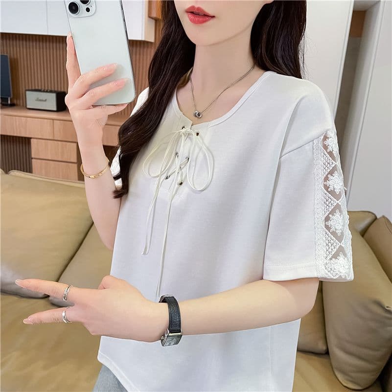 실사 2026 여름 새로운 POLO 칼라 싸움 플러그 색상 레이스 측면 장식 맨위 반팔 티셔츠 여성 상세 이미지 7