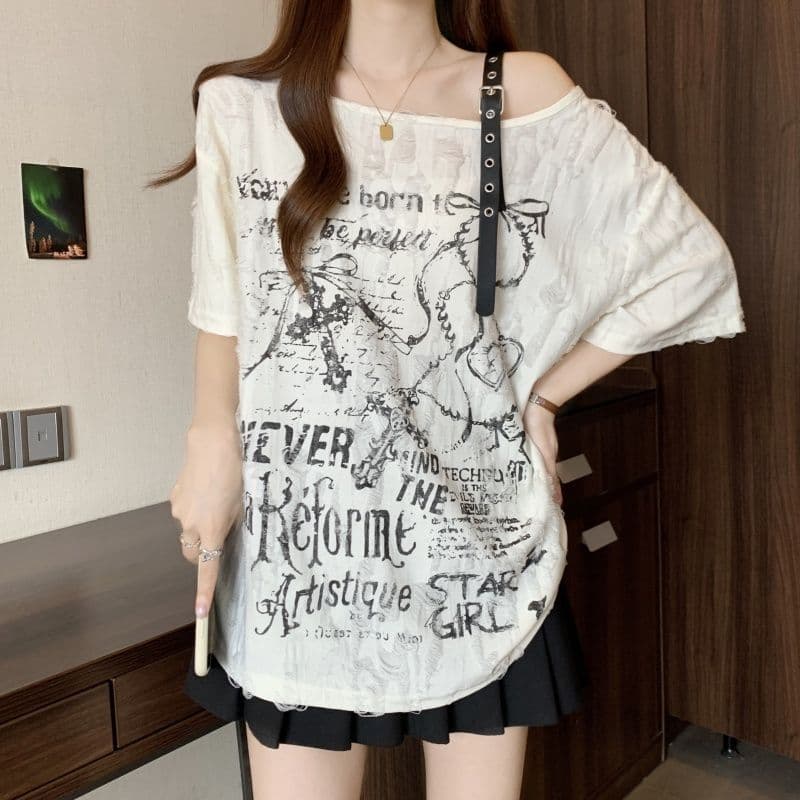 지 발표 원본 품질 여름 새로운 비스듬한 칼라 오프숄더 디자인 센스 반팔 티셔츠 느긋한 바람 맨위 여성 상세 이미지 7