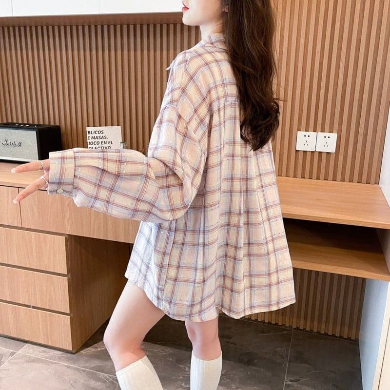 실사 2026 여름 원본 것 중간 길이 레트로 체크무늬 POLO 칼라 셔츠 자외선 차단 의류 여성 코트 이미지 5