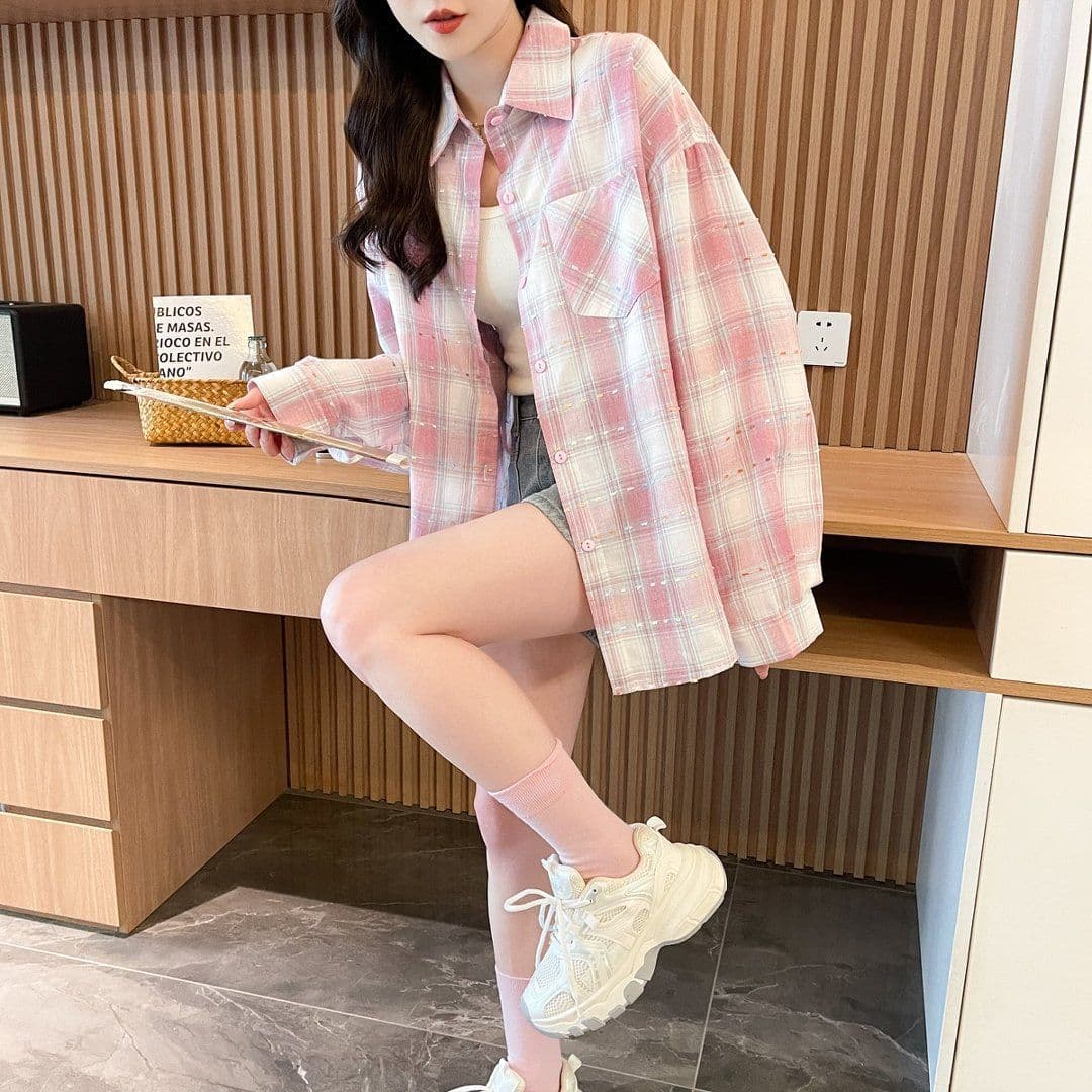 실사 2026 여름 원본 것 중간 길이 레트로 체크무늬 POLO 칼라 셔츠 자외선 차단 의류 여성 코트 상세 이미지 3