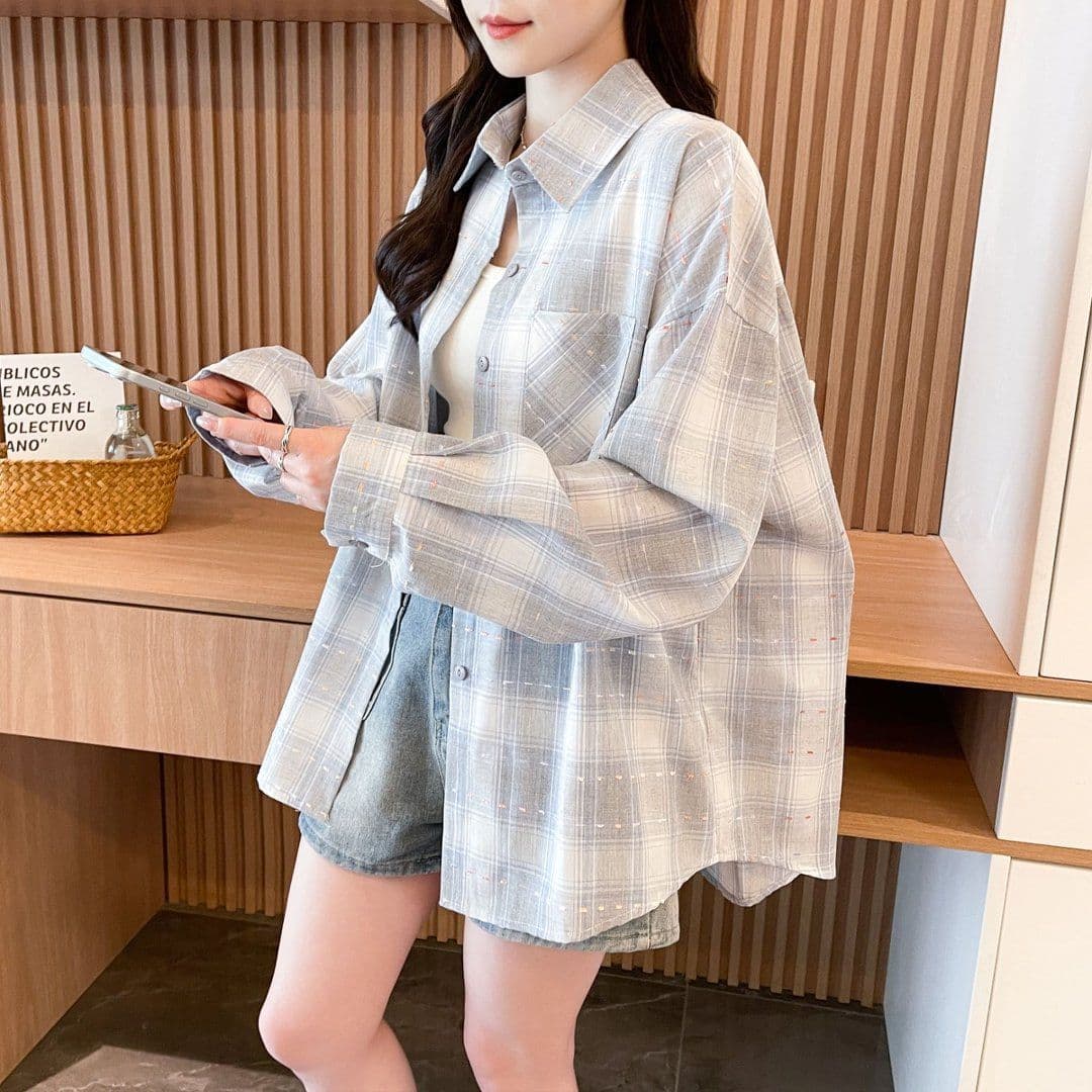 실사 2026 여름 원본 것 중간 길이 레트로 체크무늬 POLO 칼라 셔츠 자외선 차단 의류 여성 코트 상세 이미지 10