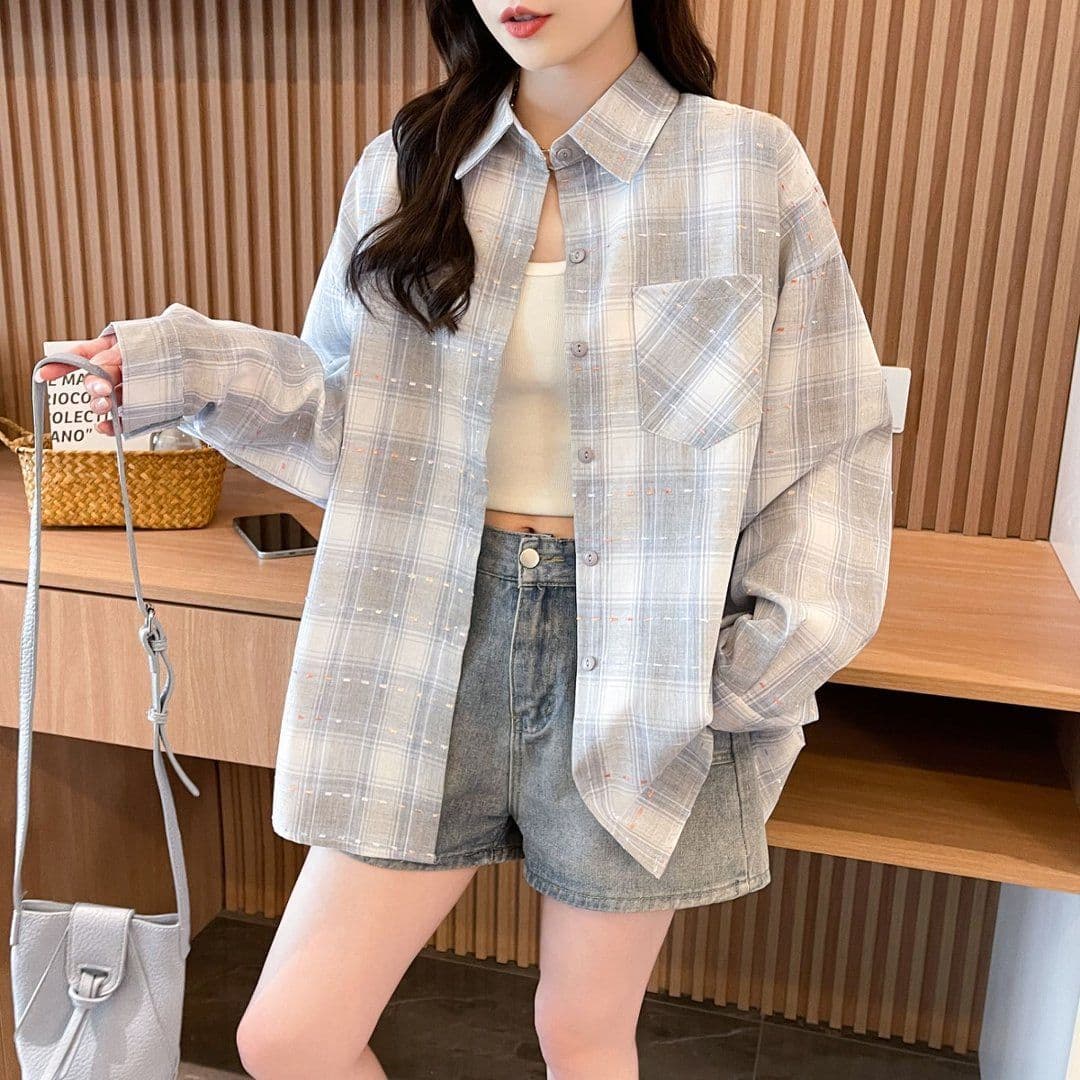 실사 2026 여름 원본 것 중간 길이 레트로 체크무늬 POLO 칼라 셔츠 자외선 차단 의류 여성 코트 상세 이미지 15