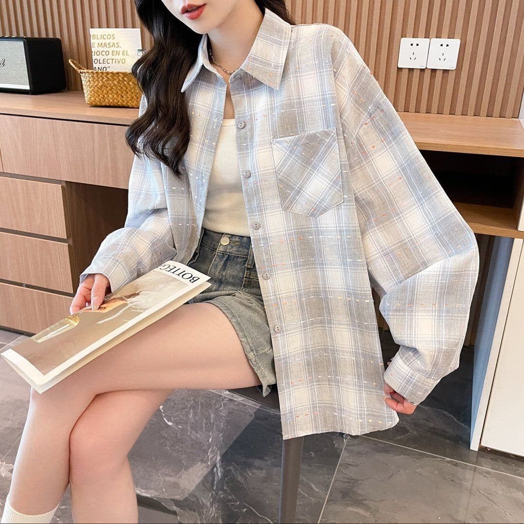 실사 2026 여름 원본 것 중간 길이 레트로 체크무늬 POLO 칼라 셔츠 자외선 차단 의류 여성 코트 상세 이미지 17