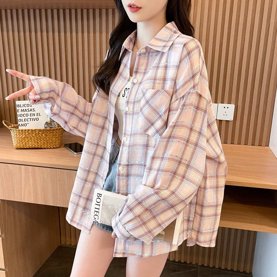 실사 2026 여름 원본 것 중간 길이 레트로 체크무늬 POLO 칼라 셔츠 자외선 차단 의류 여성 코트 상세 이미지 18