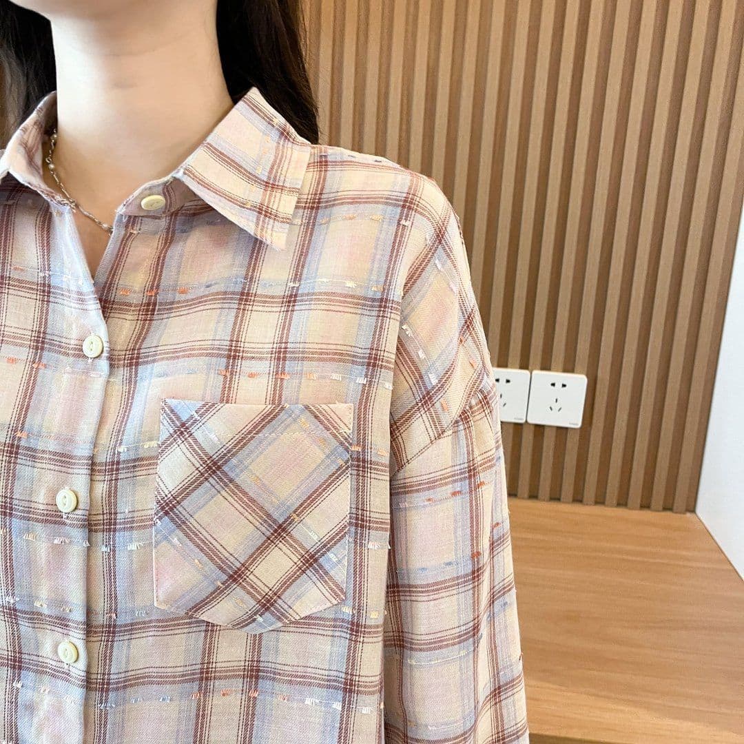 실사 2026 여름 원본 것 중간 길이 레트로 체크무늬 POLO 칼라 셔츠 자외선 차단 의류 여성 코트 상세 이미지 19