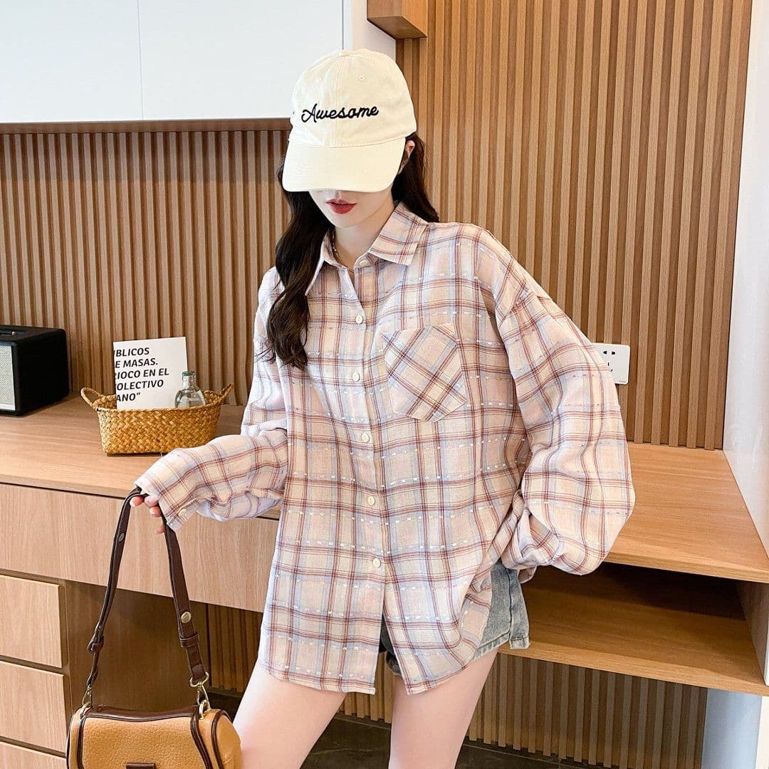 실사 2026 여름 원본 것 중간 길이 레트로 체크무늬 POLO 칼라 셔츠 자외선 차단 의류 여성 코트 상세 이미지 27