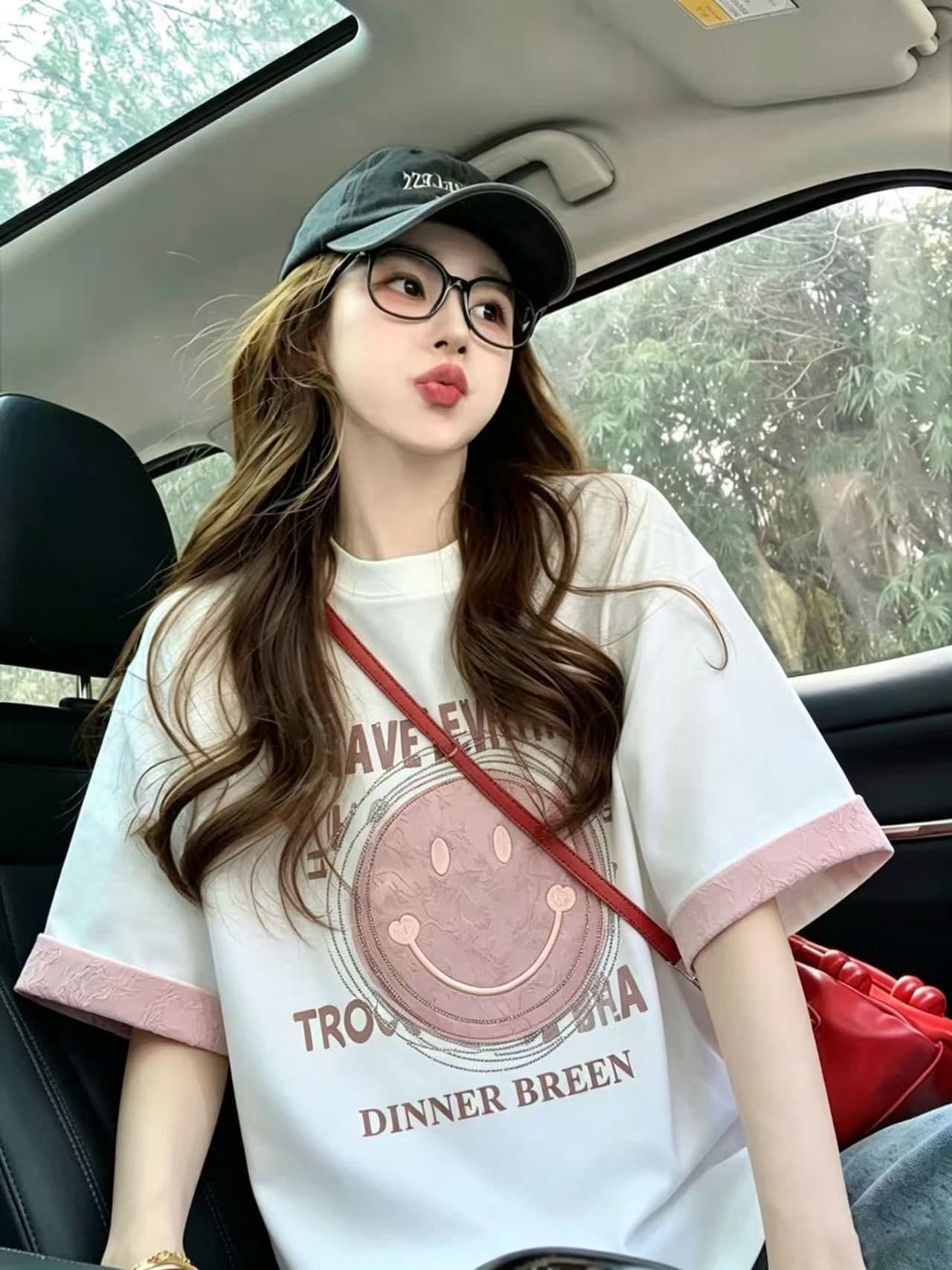 실사 2026 여름 220 그램 조수 브랜드 면 빅 사이즈 자카드 패치 프린트 자수 핫픽스 반팔 여성 상세 이미지 2
