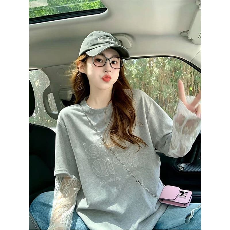 여름 40 더블 실 순면 210 그램 자수 스팽글 빅 사이즈 망사 반팔 티셔츠 여성 이미지 4