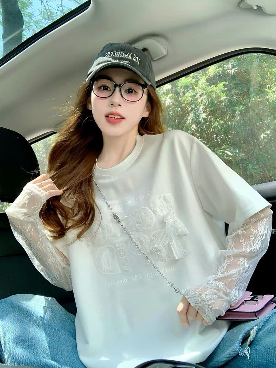 여름 40 더블 실 순면 210 그램 자수 스팽글 빅 사이즈 망사 반팔 티셔츠 여성 상세 이미지 2