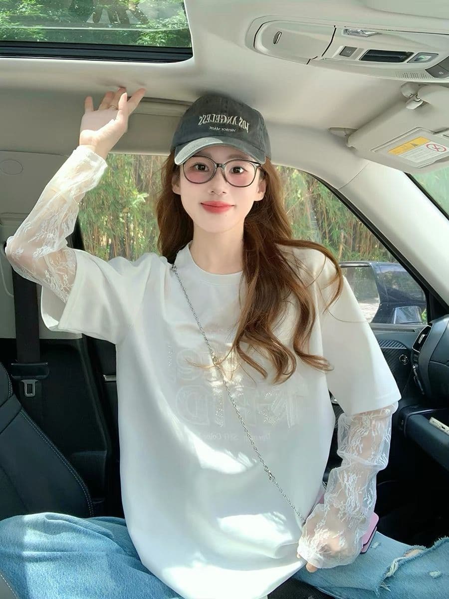 여름 40 더블 실 순면 210 그램 자수 스팽글 빅 사이즈 망사 반팔 티셔츠 여성 상세 이미지 3