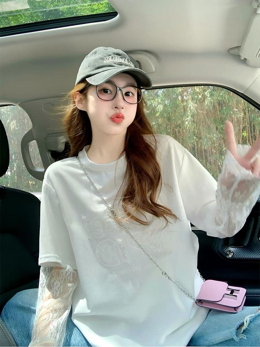 여름 40 더블 실 순면 210 그램 자수 스팽글 빅 사이즈 망사 반팔 티셔츠 여성 상세 이미지 5