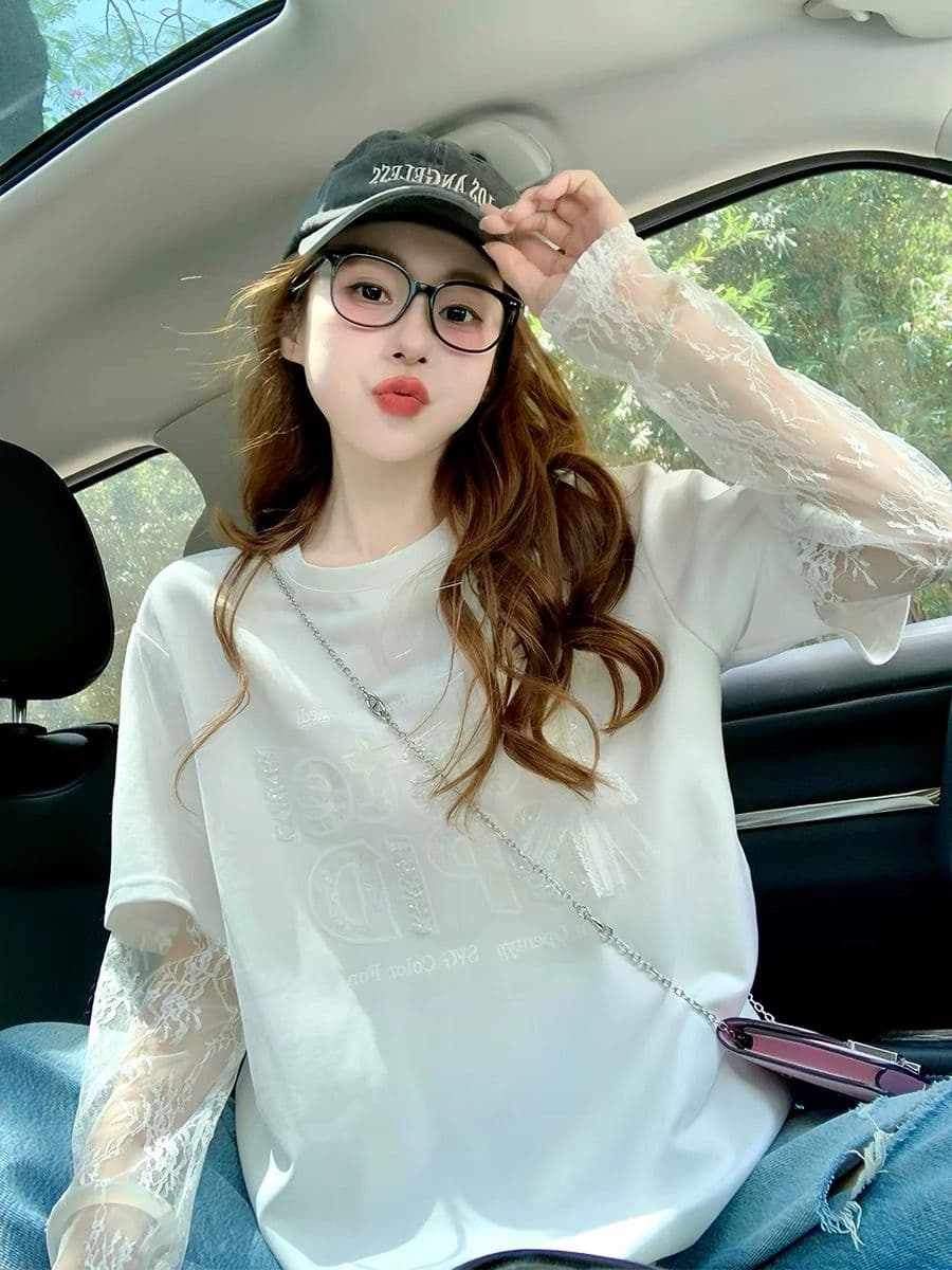 여름 40 더블 실 순면 210 그램 자수 스팽글 빅 사이즈 망사 반팔 티셔츠 여성 상세 이미지 6