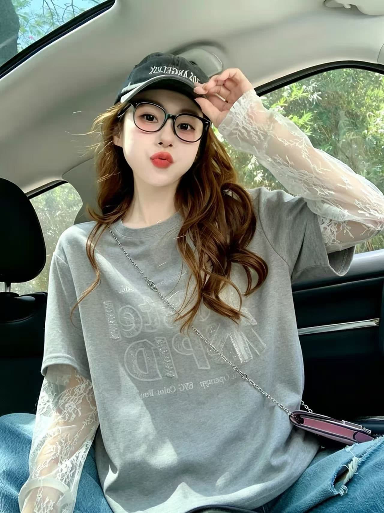여름 40 더블 실 순면 210 그램 자수 스팽글 빅 사이즈 망사 반팔 티셔츠 여성 상세 이미지 10