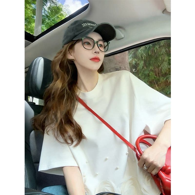 실사 2026 여름 원본 품질 빅 사이즈 디자인 센스 작은 대중 비즈 박기 망사 패치워크 반팔 티셔츠 여성 이미지 4