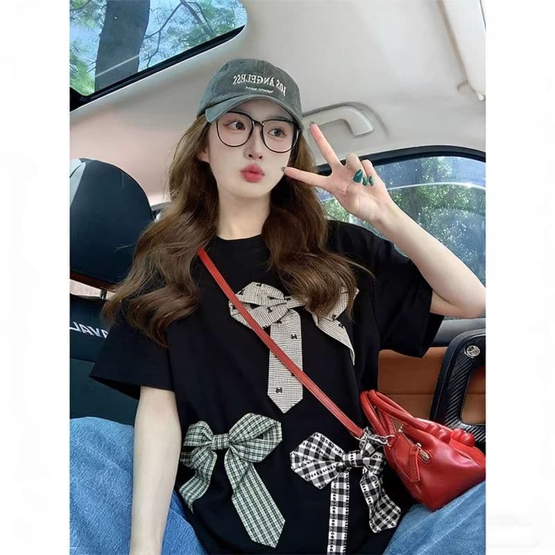 여름 200그램 순면 3 차원 장식 탈착식 300 근 무거운 작업 디자인 센스 반팔 티셔츠 여성 이미지 3