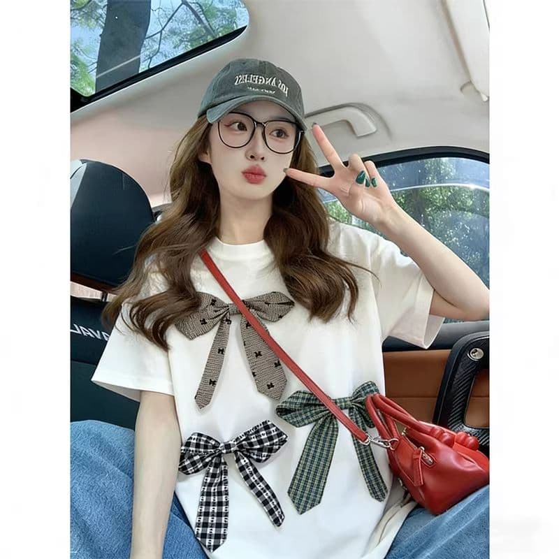 여름 200그램 순면 3 차원 장식 탈착식 300 근 무거운 작업 디자인 센스 반팔 티셔츠 여성 상세 이미지 4