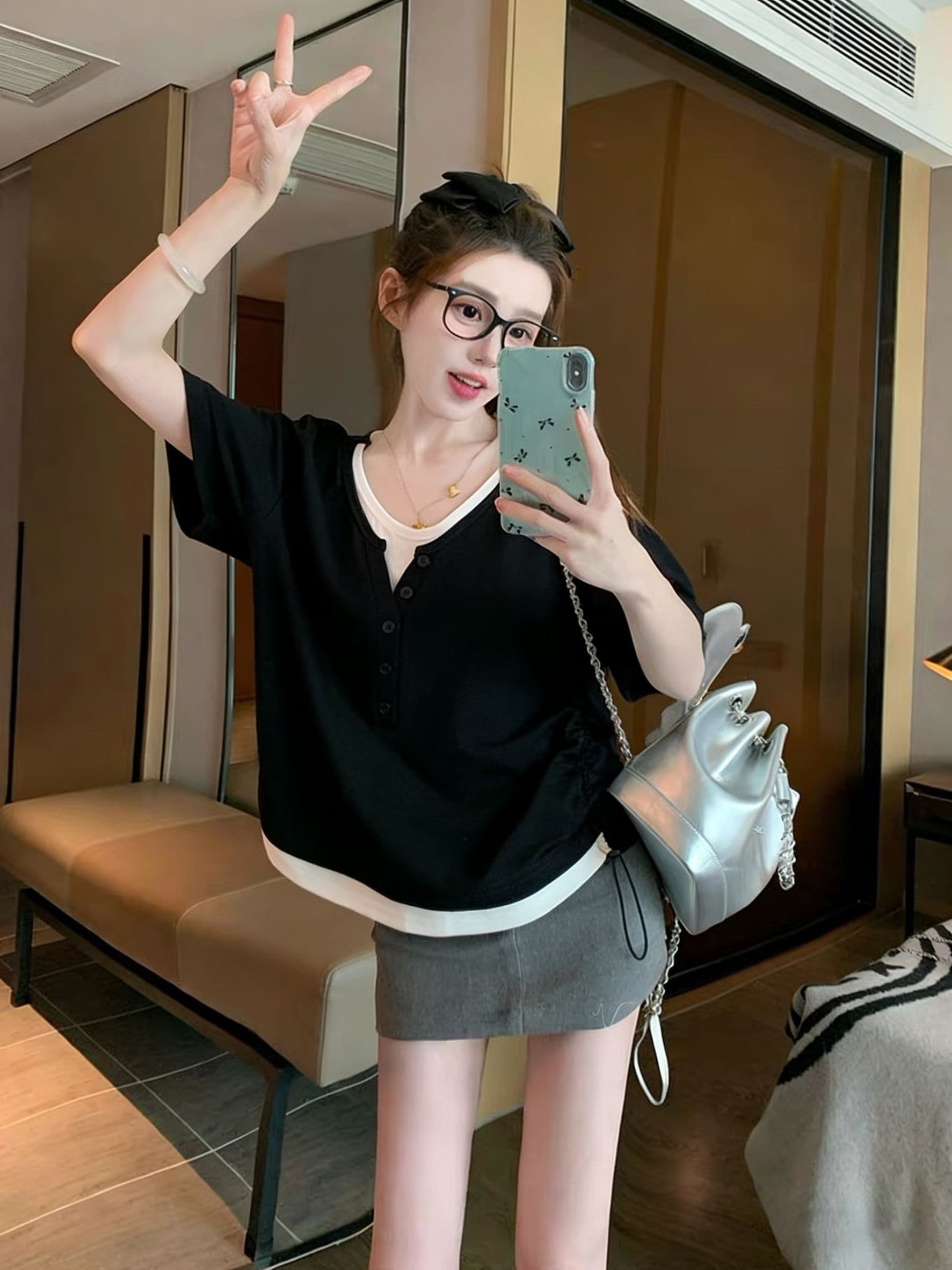 실사 2026 여름 270 그램 40 1 1 디자인 작은 대중 페이크 레이어드 몸매 가꾸기 펌프 로프 반팔 티셔츠 여성 상세 이미지 11