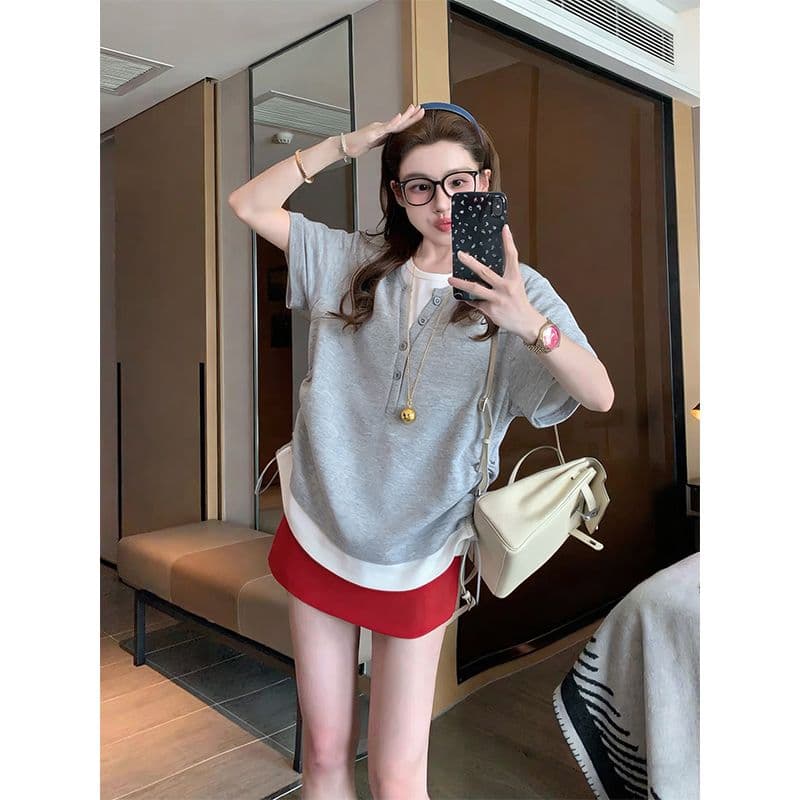 실사 2026 여름 270 그램 40 1 1 디자인 작은 대중 페이크 레이어드 몸매 가꾸기 펌프 로프 반팔 티셔츠 여성 이미지 3