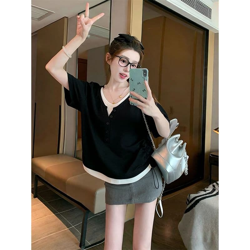 실사 2026 여름 270 그램 40 1 1 디자인 작은 대중 페이크 레이어드 몸매 가꾸기 펌프 로프 반팔 티셔츠 여성 이미지 4